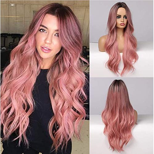 piaou Ombre Black to Pink Wig Synthetic Wigs for Women Long Natural Wave Heat...