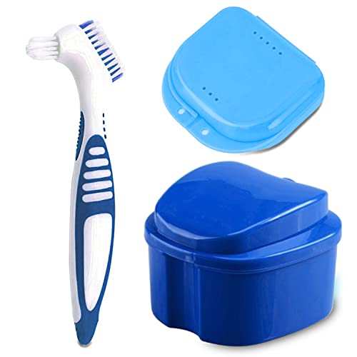Denture Bath Case Cup with Denture Cleaner Brush & Retainer Holder Box, Compl...