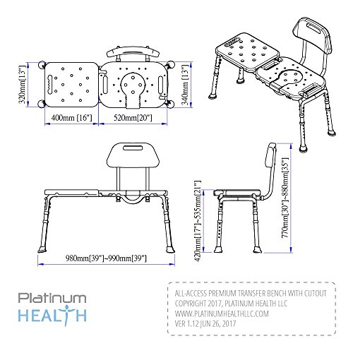 Bath Transfer Bench with Cutout, Deluxe All-Access for Tub and Shower Transfe...