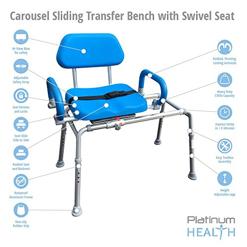 Carousel Sliding Transfer Bench with Swivel Seat. Premium PADDED Bath and Sho...