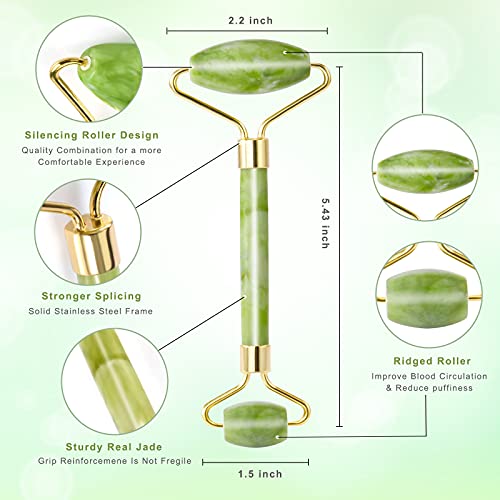 Face Roller - Gua Sha Jade Roller, Face Roller with Metal Handle, Skin Care T...