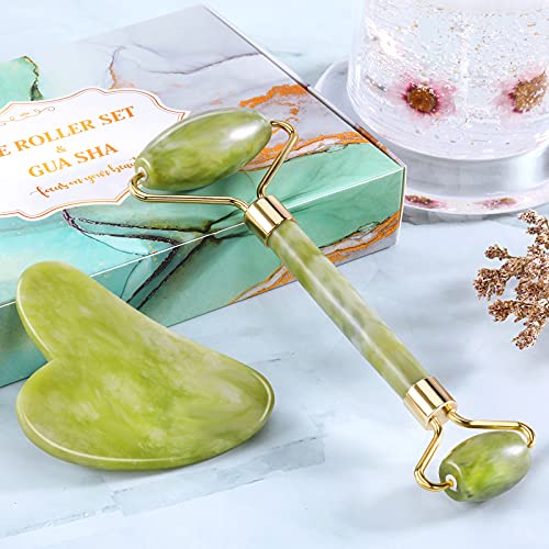 Face Roller - Gua Sha Jade Roller, Face Roller with Metal Handle, Skin Care T...