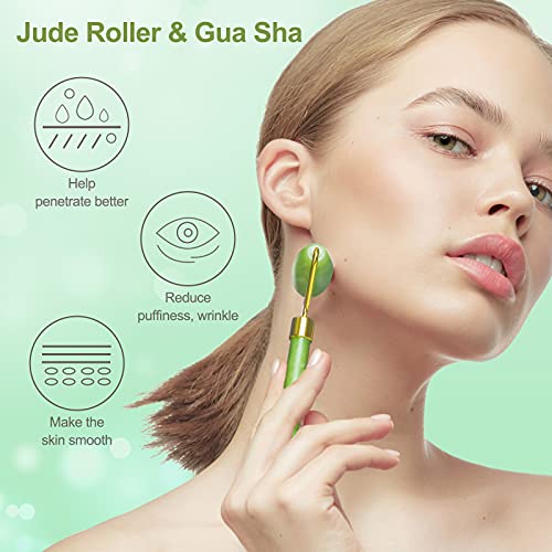 Face Roller - Gua Sha Jade Roller, Face Roller with Metal Handle, Skin Care T...