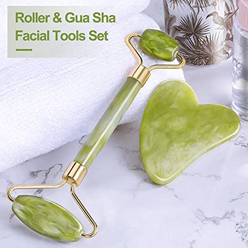 Face Roller - Gua Sha Jade Roller, Face Roller with Metal Handle, Skin Care T...