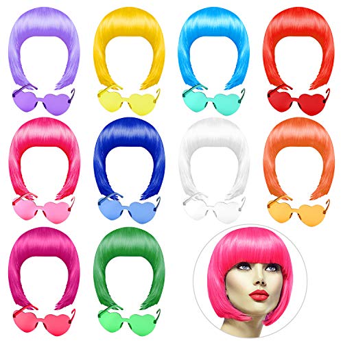 PLULON 20 Pieces Party Wigs and Sunglass Set, Neon Short Bob Wig Sunglass Pac...