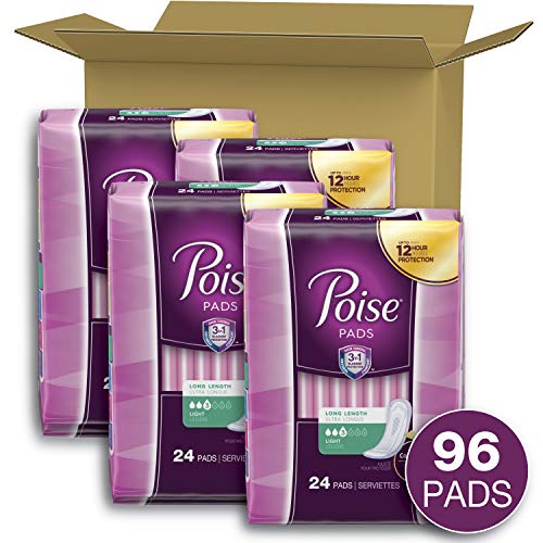 Poise Incontinence Pads for Women, Light Absorbency, Long Length, 96 Count (4...