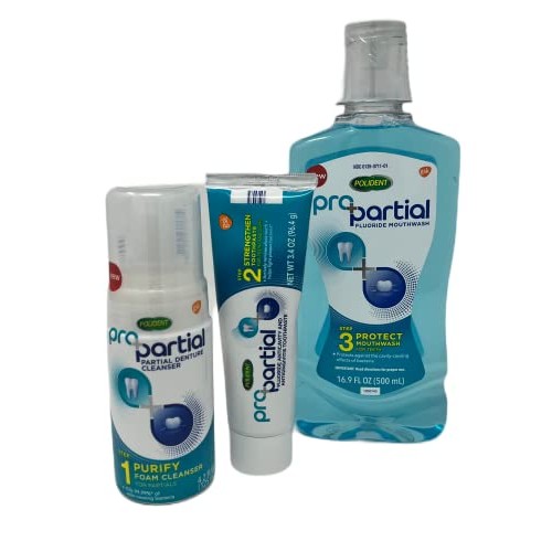Polident 3 Step Kit ProPartial Purify Foam Cleanser, Strengthen Toothpaste, P...