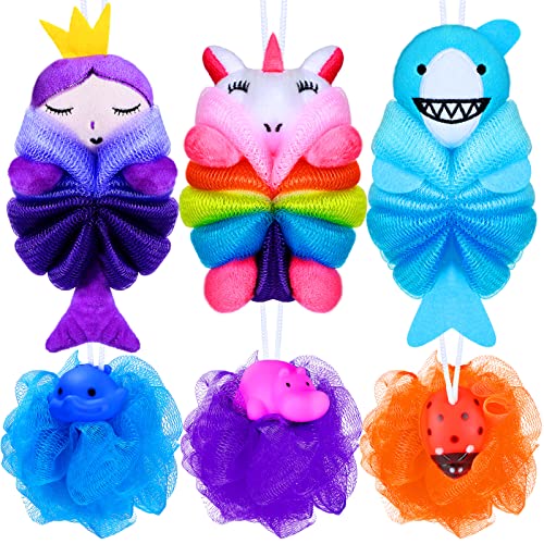 6 Pieces Kids Bath Sponge Animal Loofah for Kids Exfoliating Children Bath Po...