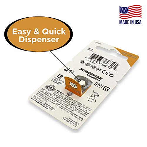 Powermax USA Size 13 Hearing Aid Batteries, Orange Tab, Made In the USA, 64 C...