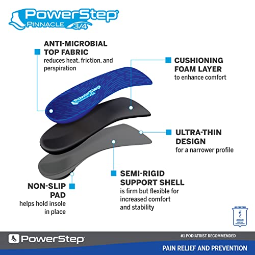 Powerstep SlimTech Pinnacle 3/4 Insole, Blue, Men's 10-10.5 / Women's 12
