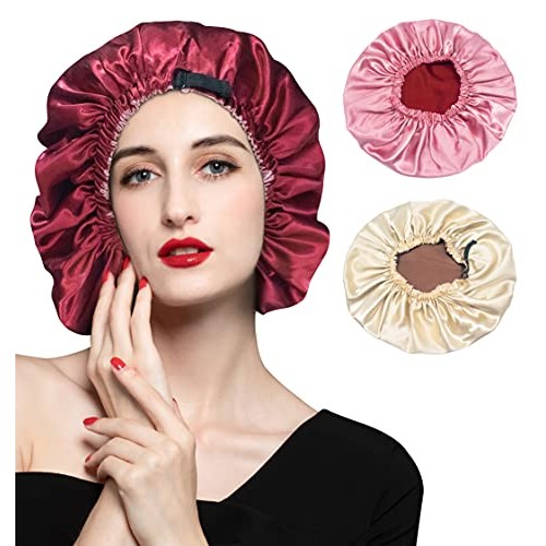 Satin Bonnet Silk Sleep Cap: 2PCS Extra Large Silk Bonnets for Curly Hair, Br...