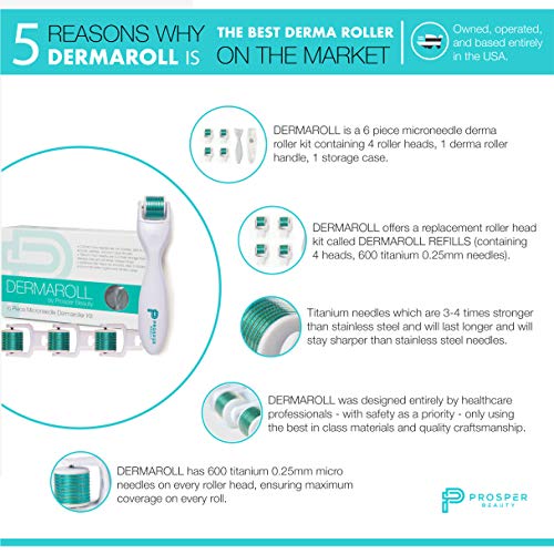 Derma Roller Microneedle 6 Piece Kit [DERMAROLL by Prosper Beauty] Face Rolle...