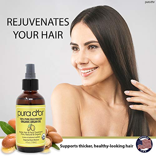 PURA D'OR Organic Moroccan Argan Oil (4oz / 118mL) USDA Certified 100% Pure C...