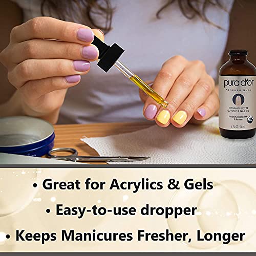 PURA D'OR Organic Nail and Cuticle Oil (4oz) Nourishing Treatment with Droppe...