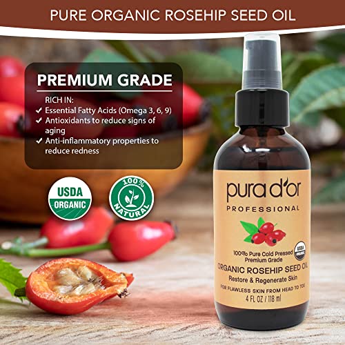 PURA D'OR Organic Rosehip Seed Oil (4oz / 118mL) 100% Pure Cold Pressed USDA ...