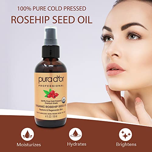 PURA D'OR Organic Rosehip Seed Oil (4oz / 118mL) 100% Pure Cold Pressed USDA ...