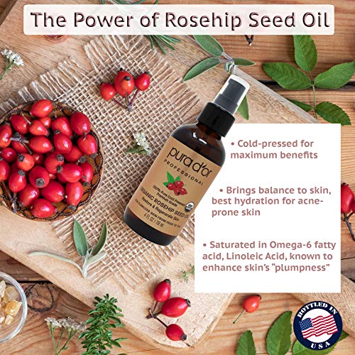 PURA D'OR Organic Rosehip Seed Oil (4oz / 118mL) 100% Pure Cold Pressed USDA ...