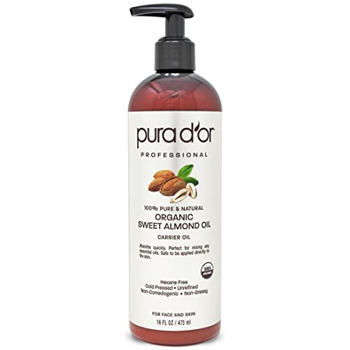 PURA D'OR Organic Sweet Almond Oil (16oz) Certified Organic 100% Pure & Natur...