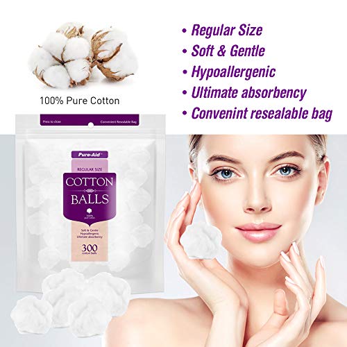 Pure-aid 100% Pure Cotton Balls | Lint Free | Soft and Gentle | Hypoallergeni...