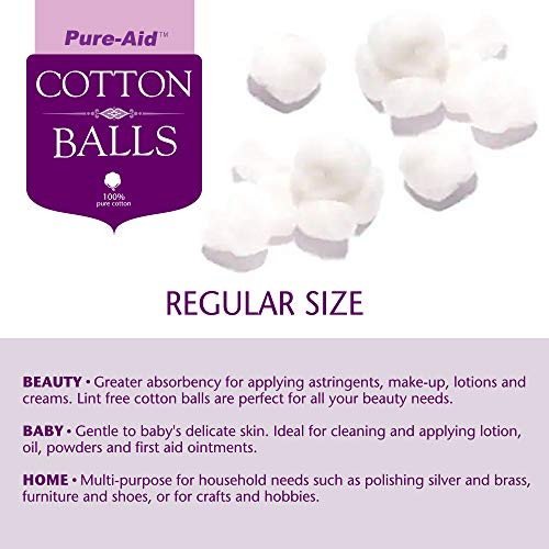 Pure-aid 100% Pure Cotton Balls | Lint Free | Soft and Gentle | Hypoallergeni...