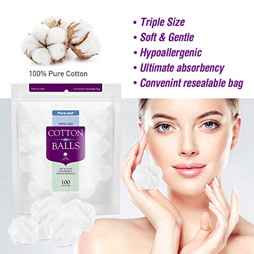 Pure-aid 100% Pure Cotton Balls | Lint Free | Soft and Gentle | Hypoallergeni...