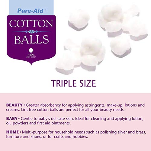 Pure-aid 100% Pure Cotton Balls | Lint Free | Soft and Gentle | Hypoallergeni...