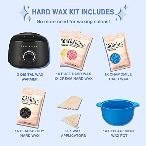 Wax Warmer, PURECLEAN Hair Removal Home Waxing Kit, Hard Wax Kit with 4 Formu...