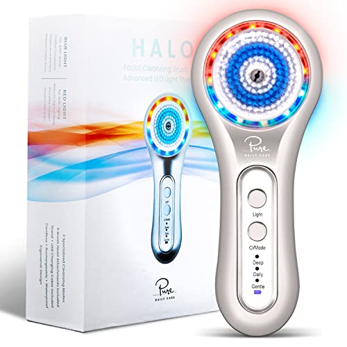 Halo Advanced Facial Cleansing Brush with LED Light Therapy Technology – 3 Sp...