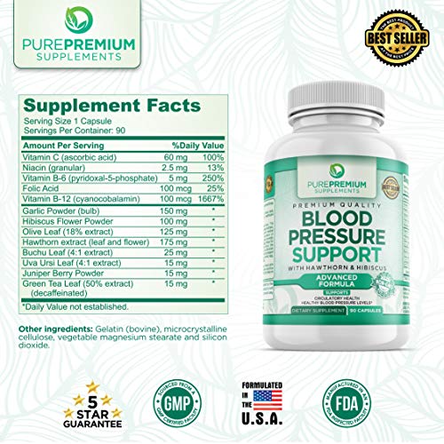Premium Blood Pressure Support Supplement by PurePremium with Hawthorn & Hibi...