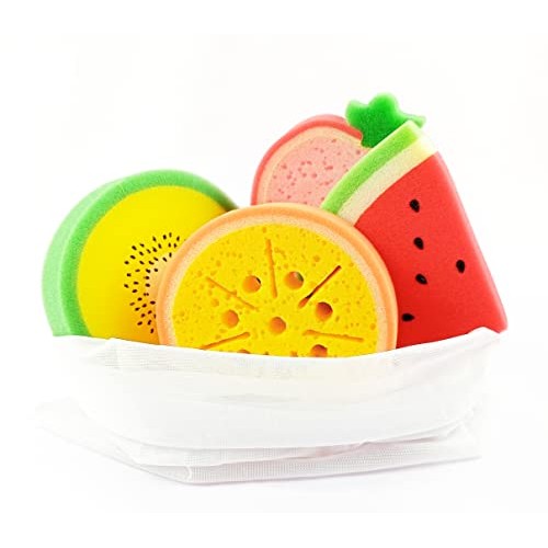 purifyou Premium Kids Fruit Bath Sponges - Set of 4 Fruit Sponges, Bath Scrub...