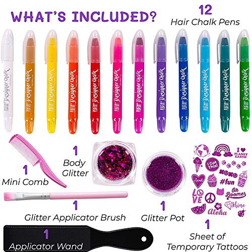Purple Ladybug 12 Colors Hair Chalk for Girls with Glitter Tattoos + Body Gli...