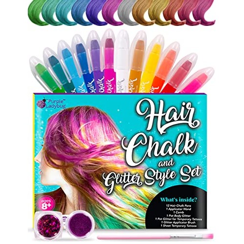 Purple Ladybug 12 Colors Hair Chalk for Girls with Glitter Tattoos + Body Gli...