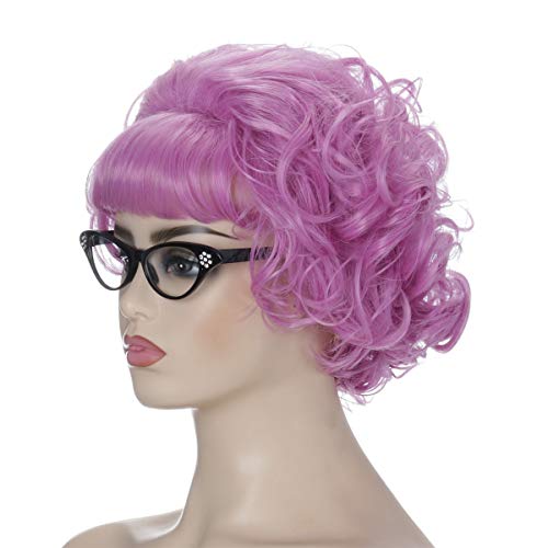 Qaccf Short Curly Women 50s Vintage Pink Lady Halloween Costume Wig with Blac...