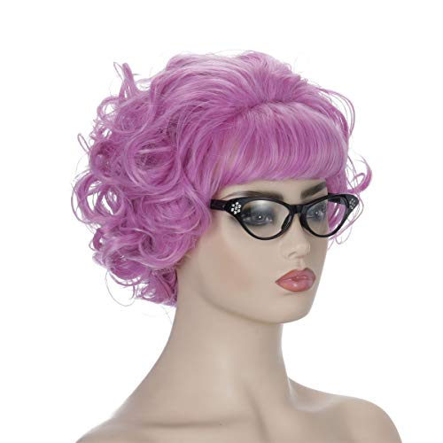 Qaccf Short Curly Women 50s Vintage Pink Lady Halloween Costume Wig with Blac...