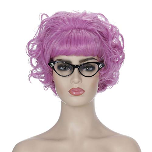 Qaccf Short Curly Women 50s Vintage Pink Lady Halloween Costume Wig with Blac...