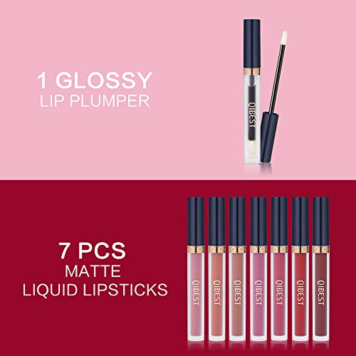8pcs Matte Liquid Lipstick with Lip Plumper Makeup Set Velvety Long Lasting H...