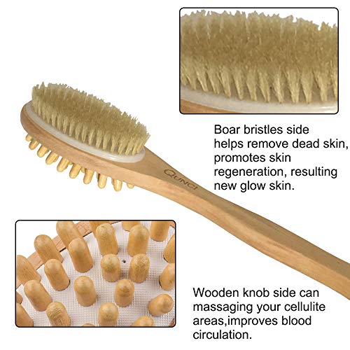 2PCS QUNCI Premium Dry Brushing Body Brush Set- Natural Boar Bristle Long Han...