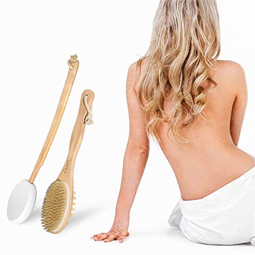 2PCS QUNCI Premium Dry Brushing Body Brush Set- Natural Boar Bristle Long Han...