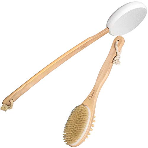 2PCS QUNCI Premium Dry Brushing Body Brush Set- Natural Boar Bristle Long Han...