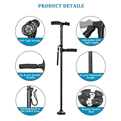 QXCSF Folding Walking Cane, 2 Handle Foldable Walking Stick Adjustable Height...