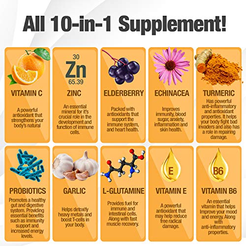 10 in 1 Immune Support Supplement (60 Day Supply)with Vitamin C, Zinc, Elderb...