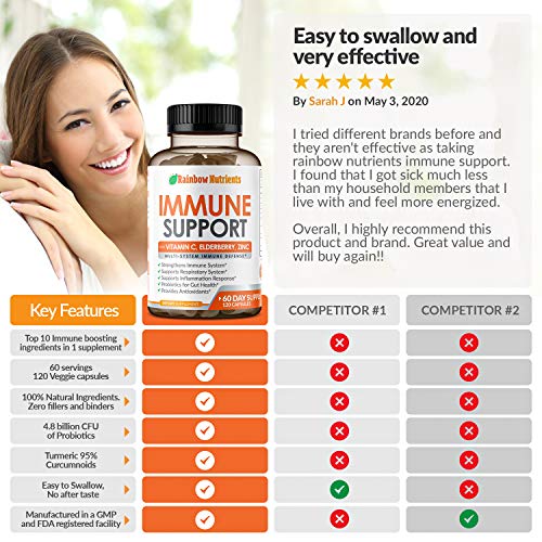 10 in 1 Immune Support Supplement (60 Day Supply)with Vitamin C, Zinc, Elderb...