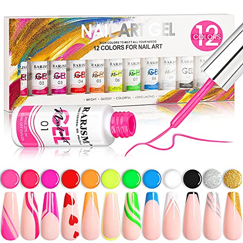RARJSM Painted Gel Nail Polish Set, Line Art Gel 12 Colors Neon Pink Yellow G...