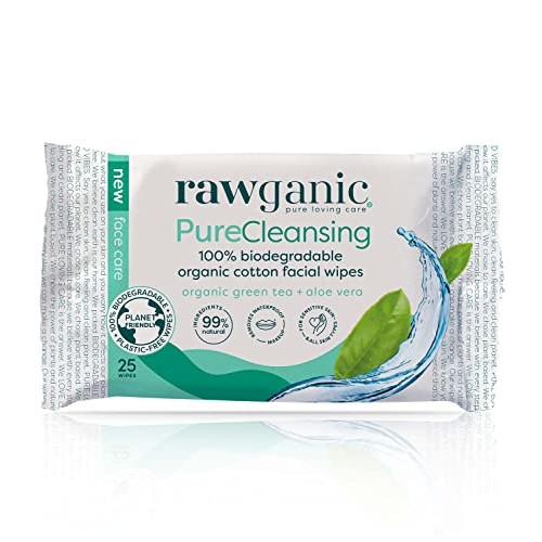 RAWGANIC Refreshing Facial Wipes, Fragrance-free Biodegradable Organic Cotton...