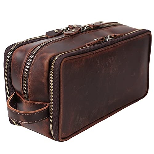 Personalized Leather Toiletry Bag for Men Travel Shaving Dopp Kit-Large Cosme...