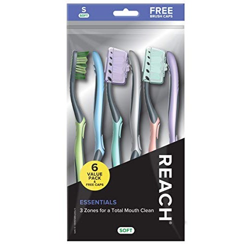 REACH Essentials Toothbrush and Brush Caps, Soft Bristles, Silver, 6 Count