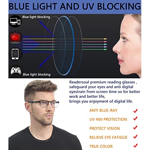 3-Pack Reading Glasses for Men Blue Light Blocking Trendy Metal Frame Compute...