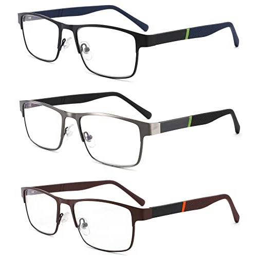 3-Pack Reading Glasses for Men Blue Light Blocking Trendy Metal Frame Compute...
