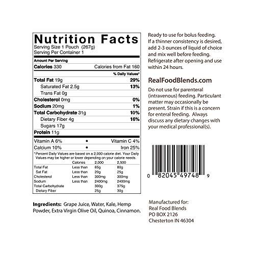 Real Food Blends Tube Feeding Formula 9.4 oz. Pouch Ready to Use Quinoa/Kale/...