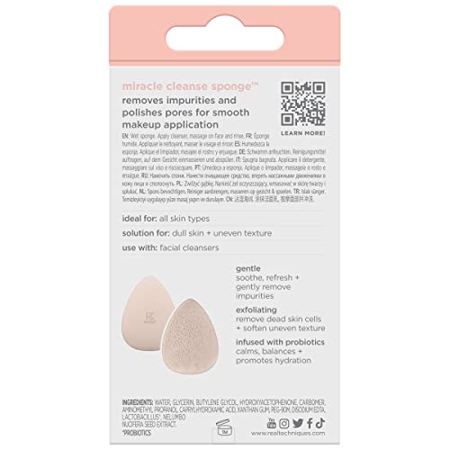 Real Techniques Sponge +, Skin Care Facial Cleanser Tool with Probiotics, Exf...